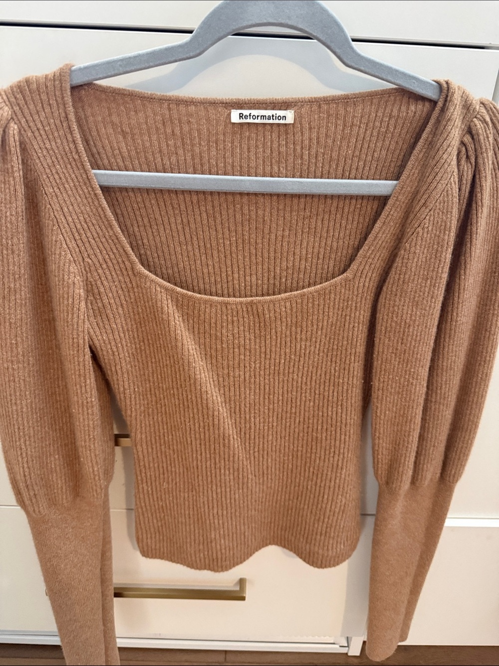 Reformation cashmere Camel Ribbed Square-Neck Sweater with Puff Sleeves